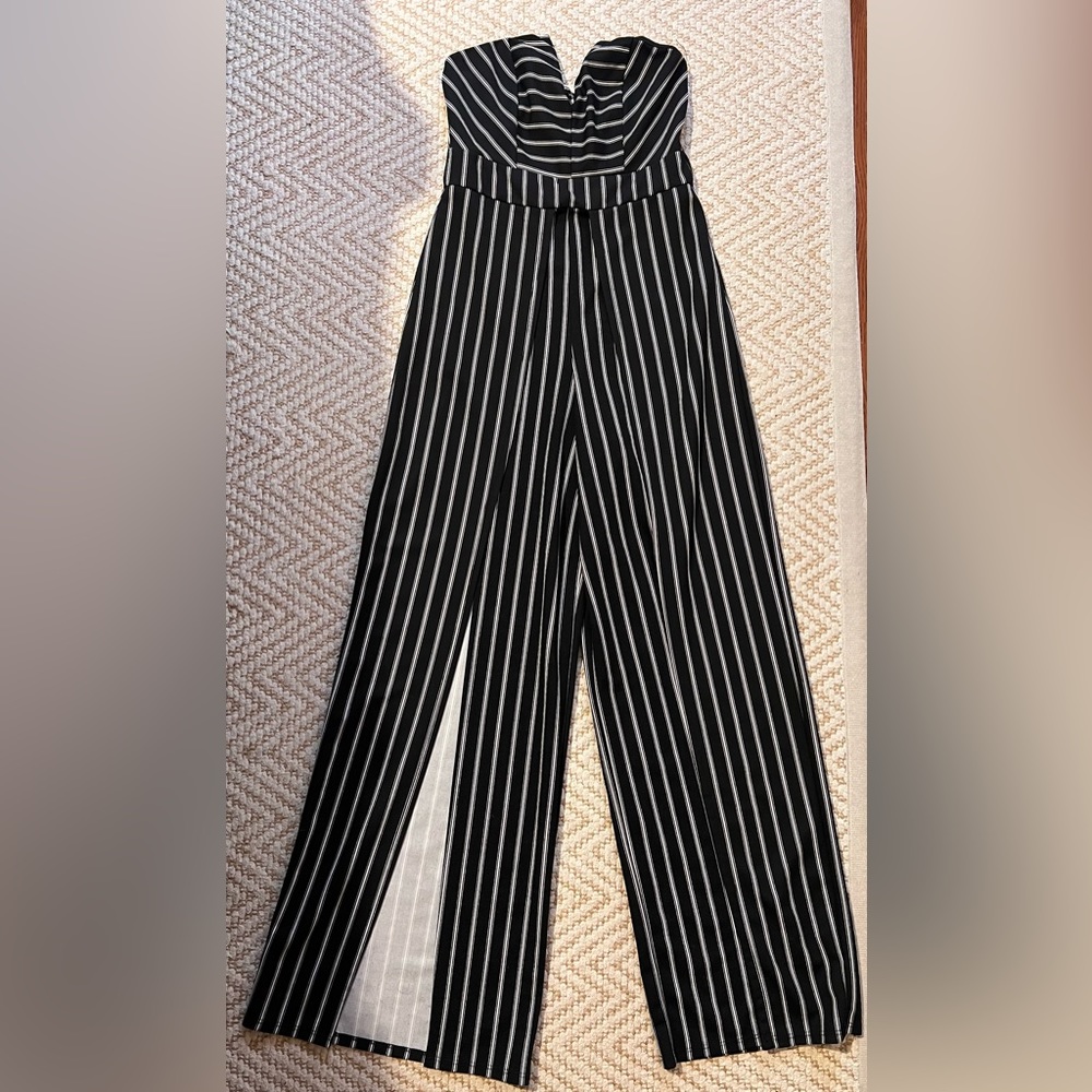 Love Culture- Striped Black & White Romper/Wide legged/ Open in front of leg